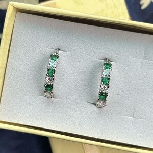 Sterling Silver 925 Lab Created Emerald Green White Sapphire Huggy Hoop Earrings
